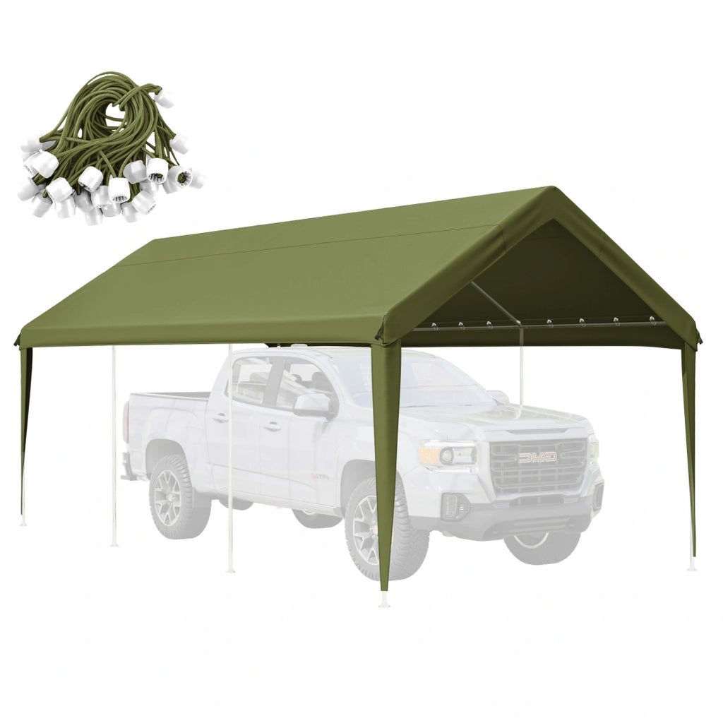 green Heavy duty carport cover with elastic ball bungees, waterproof UV-resistant canopy tarp for outdoor vehicle protection.