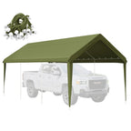 green Heavy duty carport cover with elastic ball bungees, waterproof UV-resistant canopy tarp for outdoor vehicle protection.