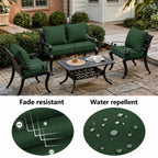 Green outdoor cushion covers with fade resistant and water repellent fabric