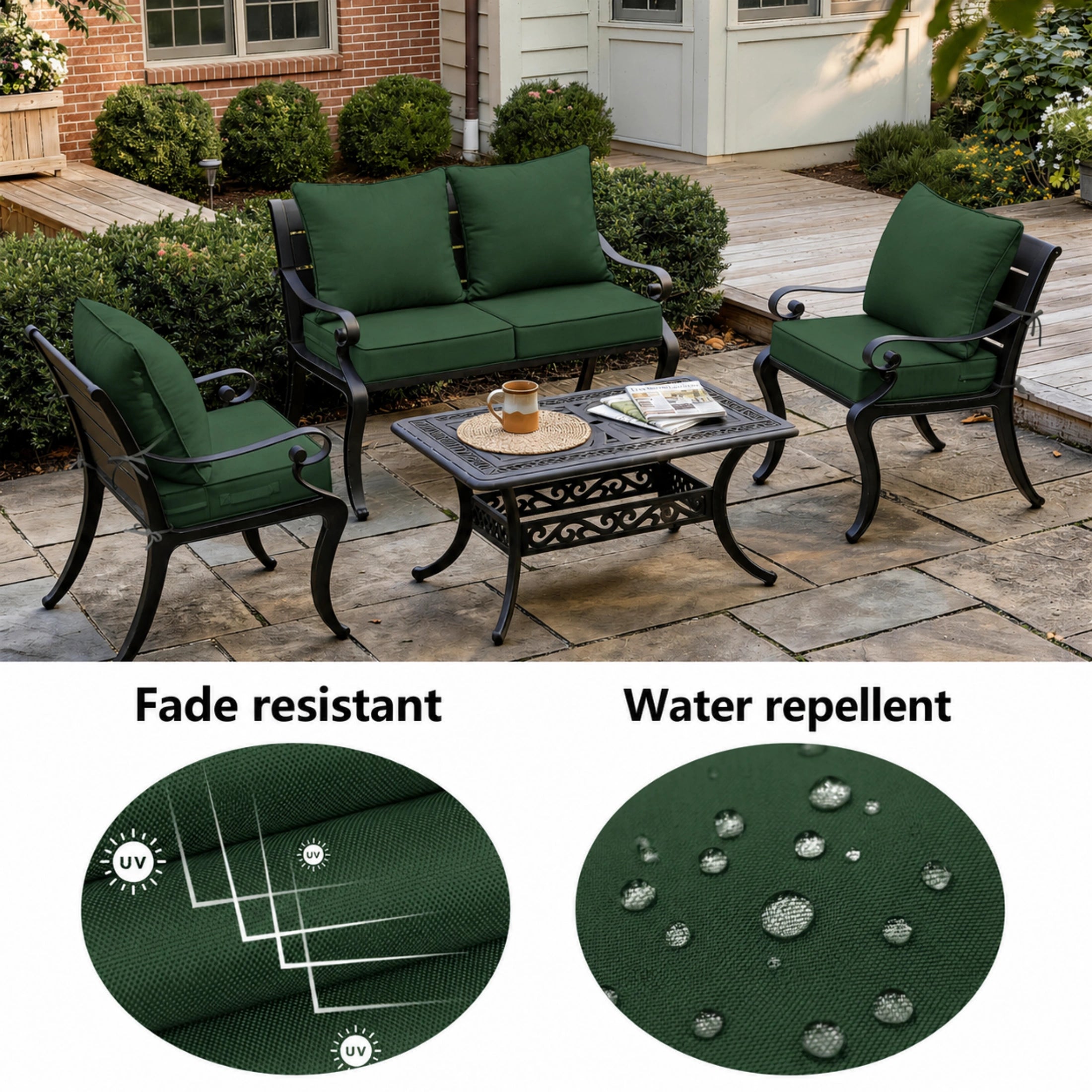 Green outdoor cushion covers with fade resistant and water repellent fabric