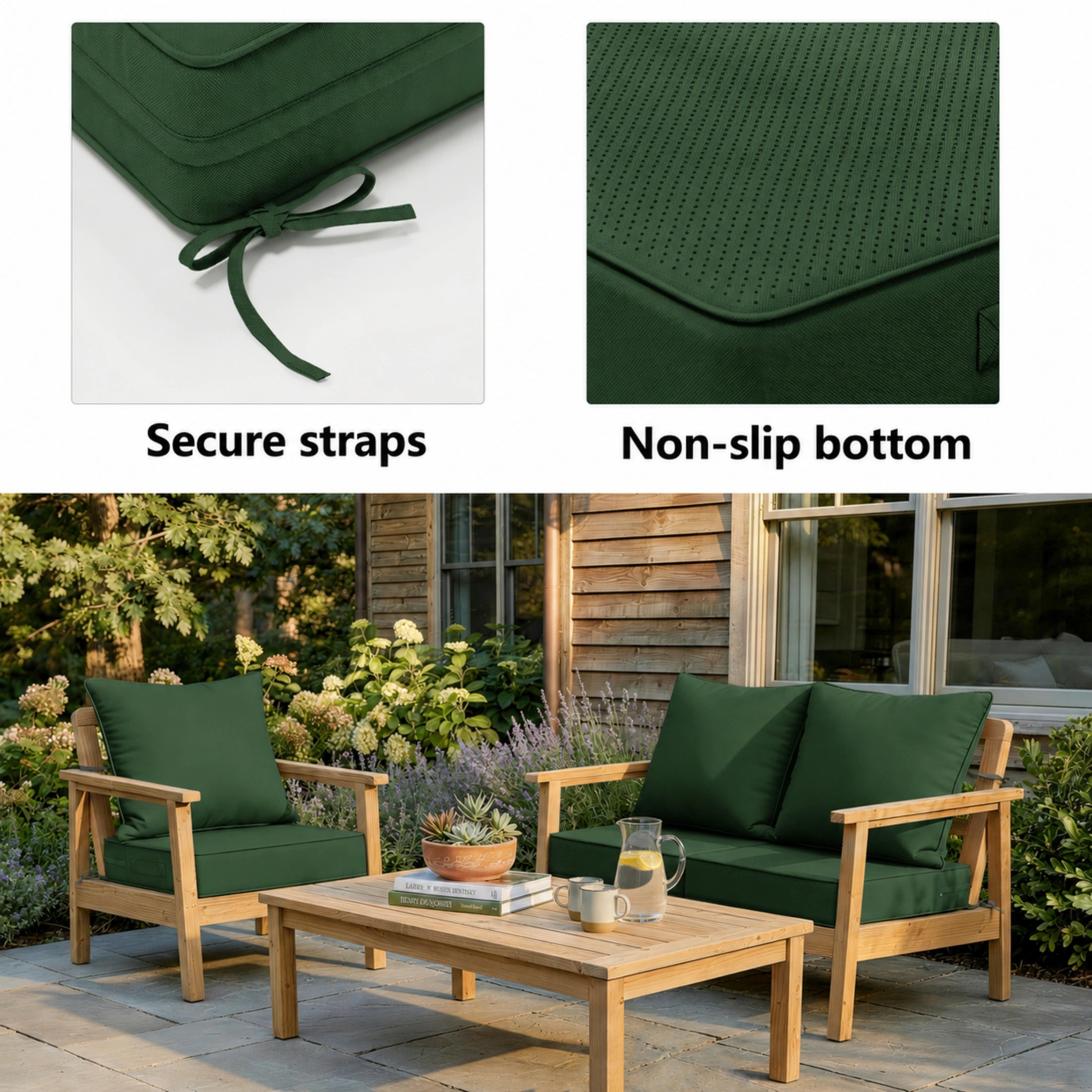 Green patio cushion covers with secure straps and non-slip bottom