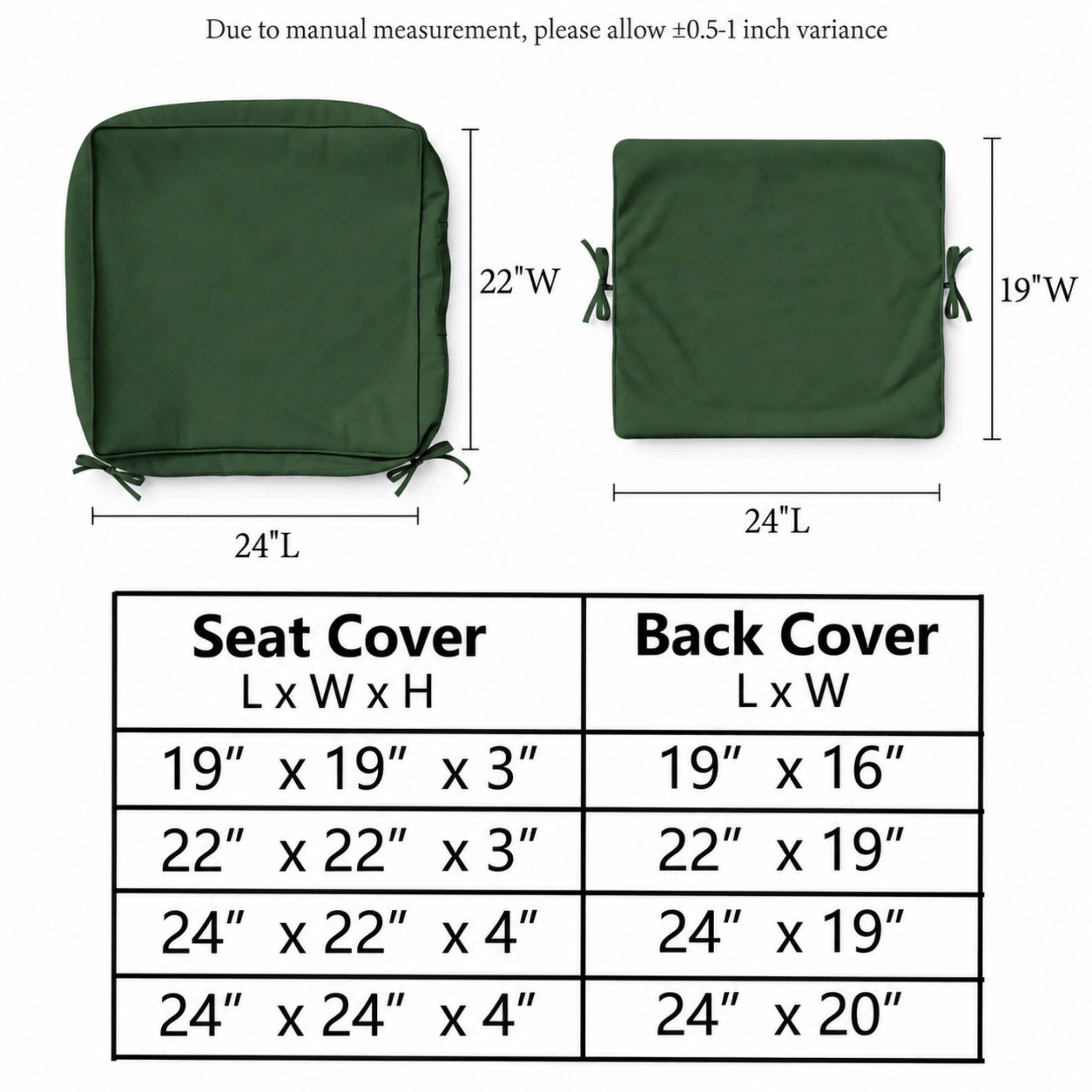 Green patio cushion cover set size chart for seat and back covers
