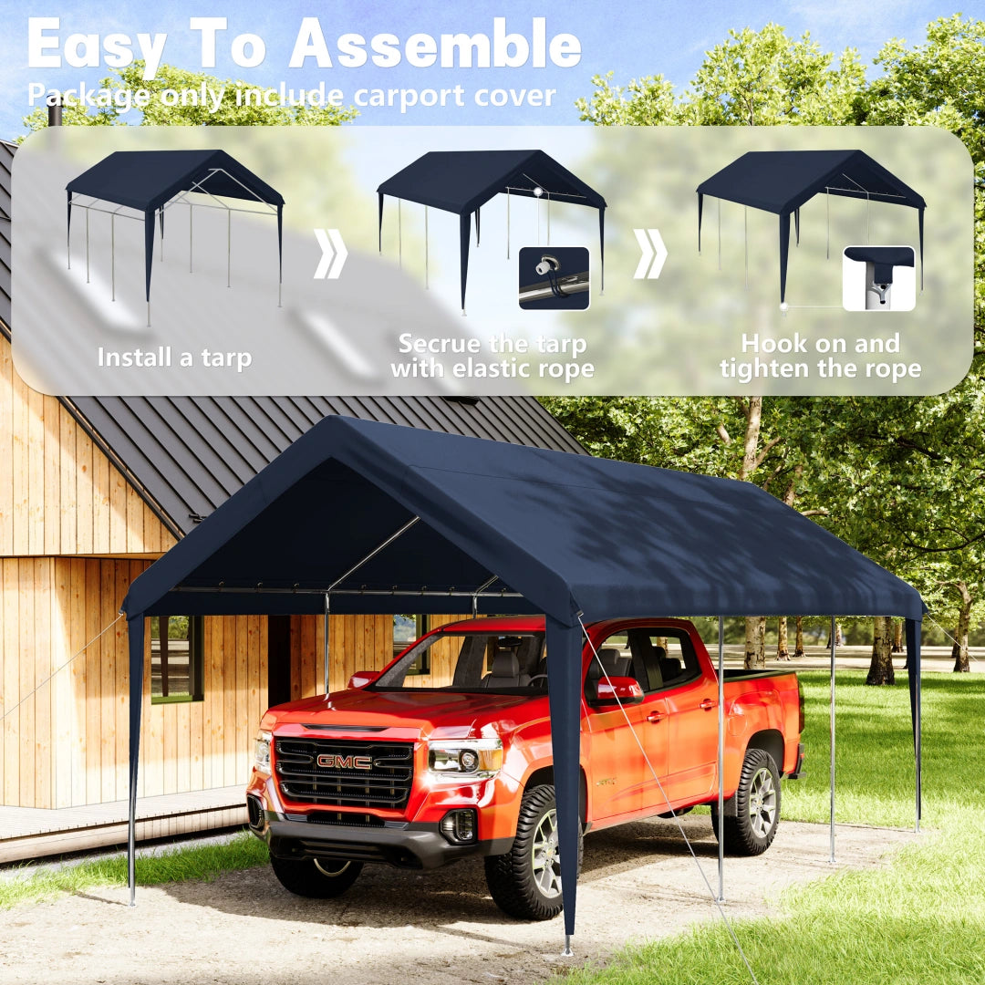 Heavy duty carport cover with elastic rope, fixed hooks, and windproof rope ring for secure outdoor protection.