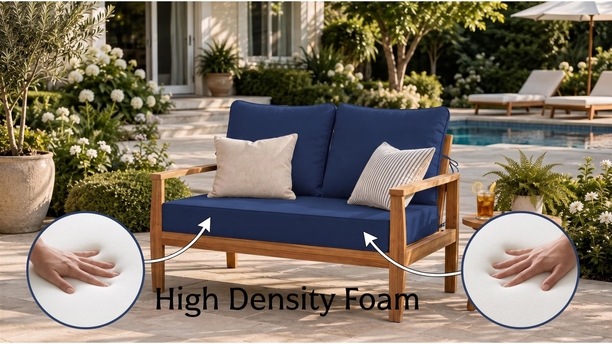 High density foam outdoor sofa cushion in blue, designed for patio furniture with thick comfortable support and durable seating comfort