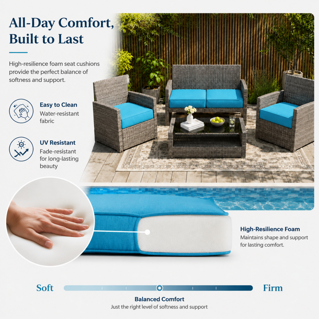 Outdoor aqua seat cushion on gray wicker chair, showing high-resilience foam with hand pressing foam for comfort demonstration, balanced soft-to-firm support scale, and full patio set in background.