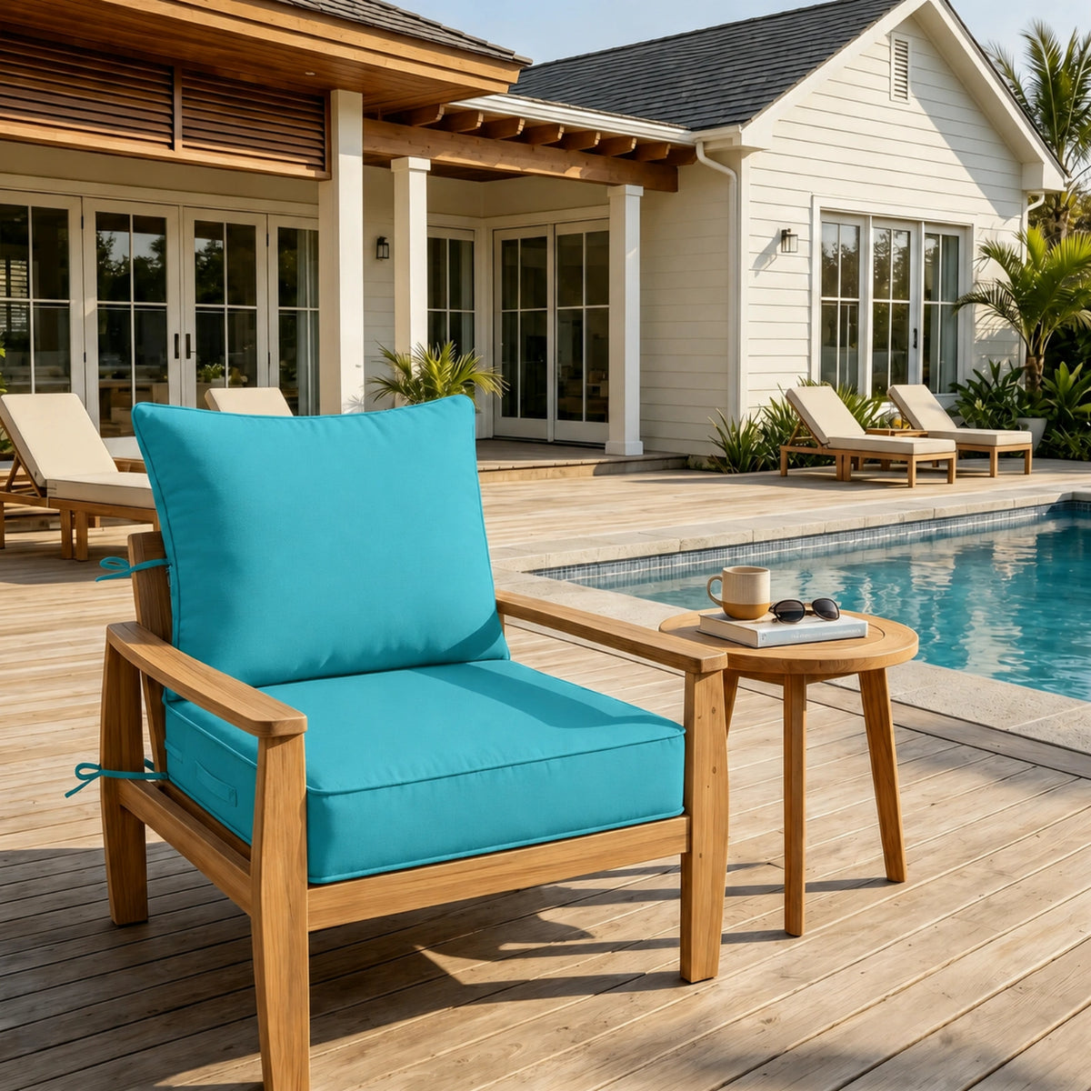 lake Blue outdoor deep seat cushion on patio chair with poolside outdoor furniture setting.
