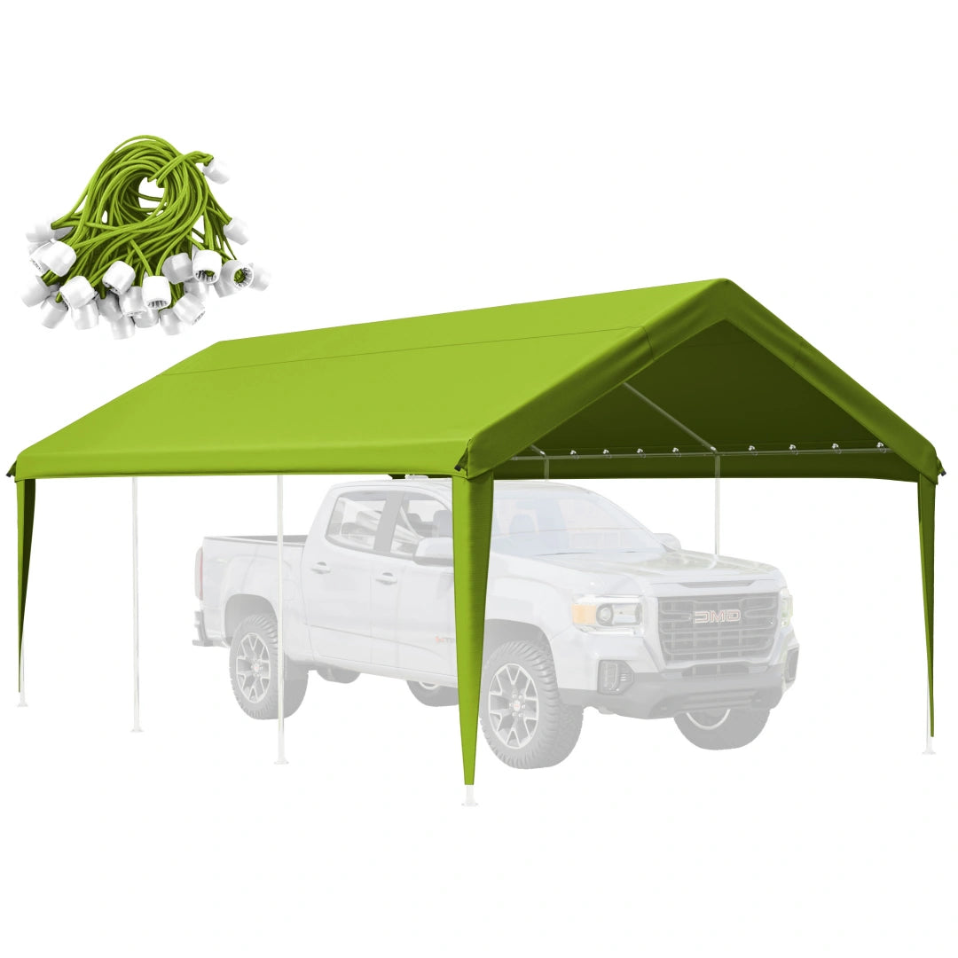 light green heavy duty carport cover with waterproof fabric, UV protection, and elastic ball bungees for outdoor use.