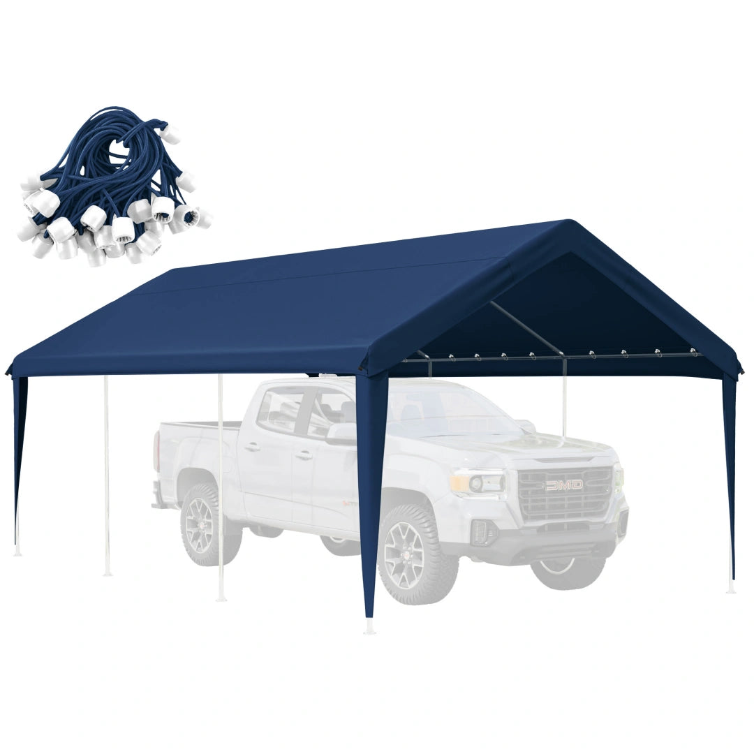 Navy blue heavy duty carport cover with waterproof UV-resistant canopy tarp and elastic ball bungees included.