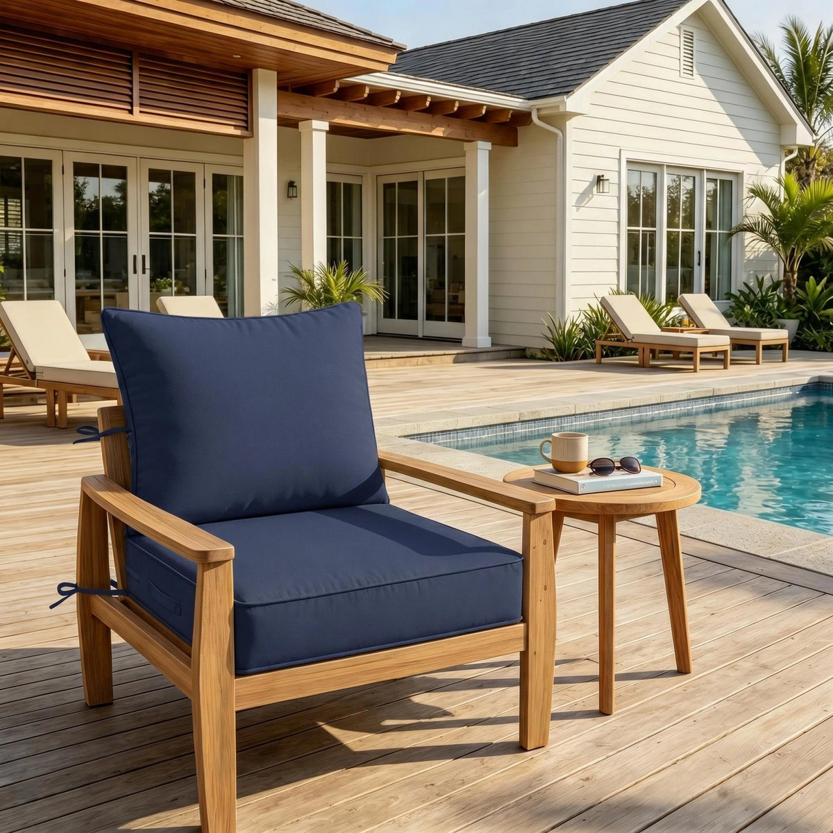 navy-blue outdoor deep seat cushion on patio chair with poolside outdoor furniture setting.