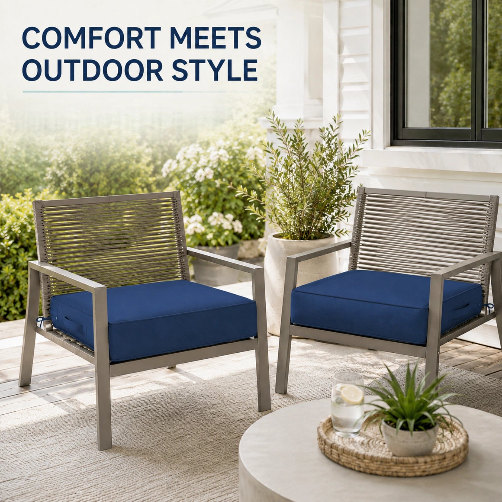 Navy blue outdoor seat cushions on modern patio chairs, creating a comfortable and stylish outdoor seating area for porch, deck, and garden spaces.