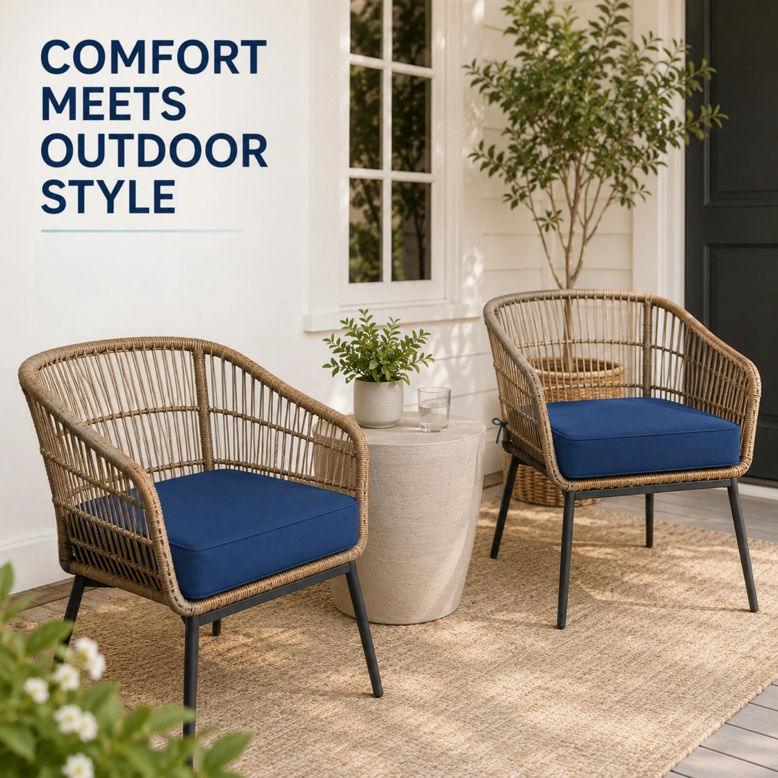 Navy blue outdoor seat cushions set of 2 placed on wicker patio chairs, showing a stylish and comfortable patio seating setup for porch, deck, and outdoor living spaces.