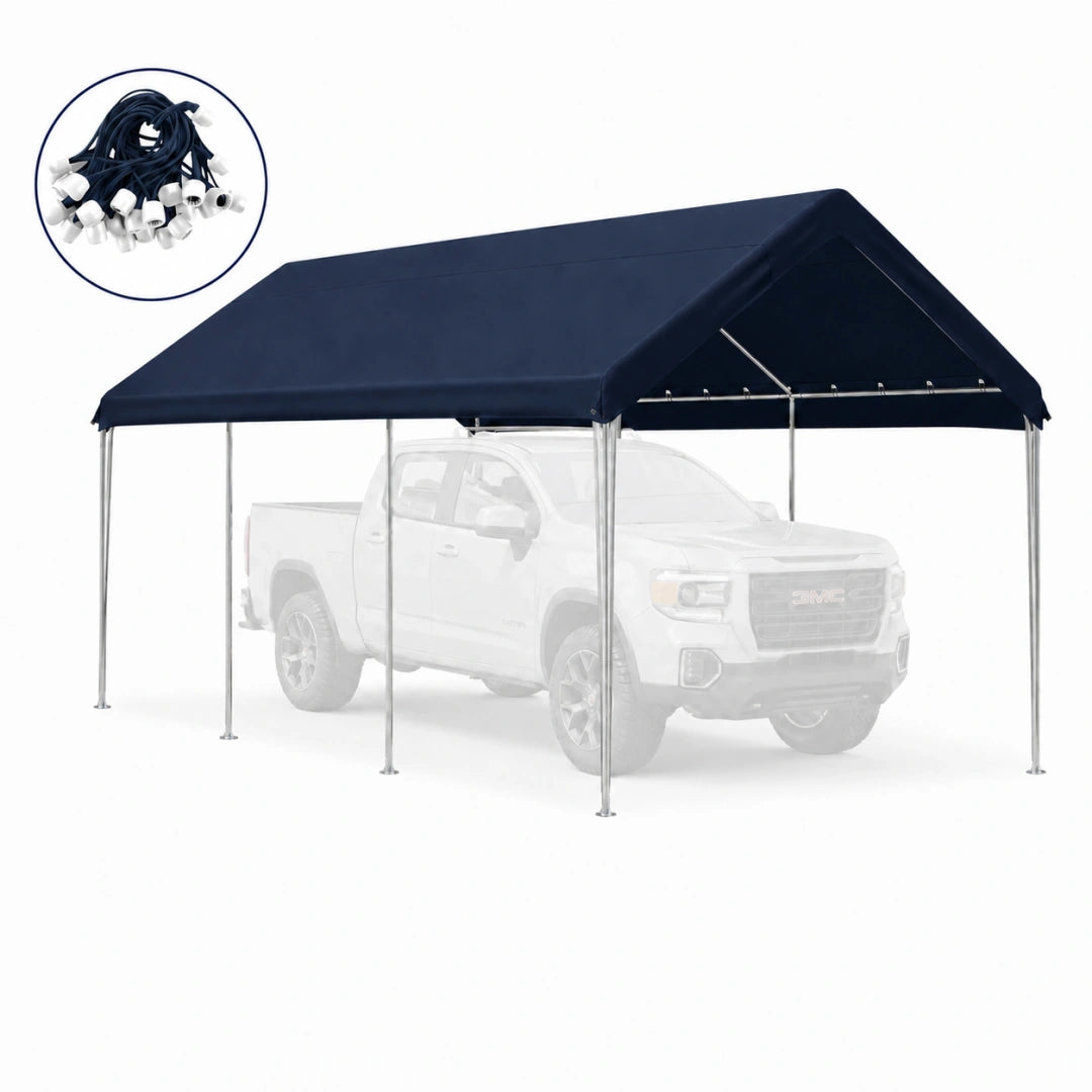 navy heavy duty carport cover with waterproof UV-resistant fabric and elastic ball bungees for outdoor vehicle shelter.
