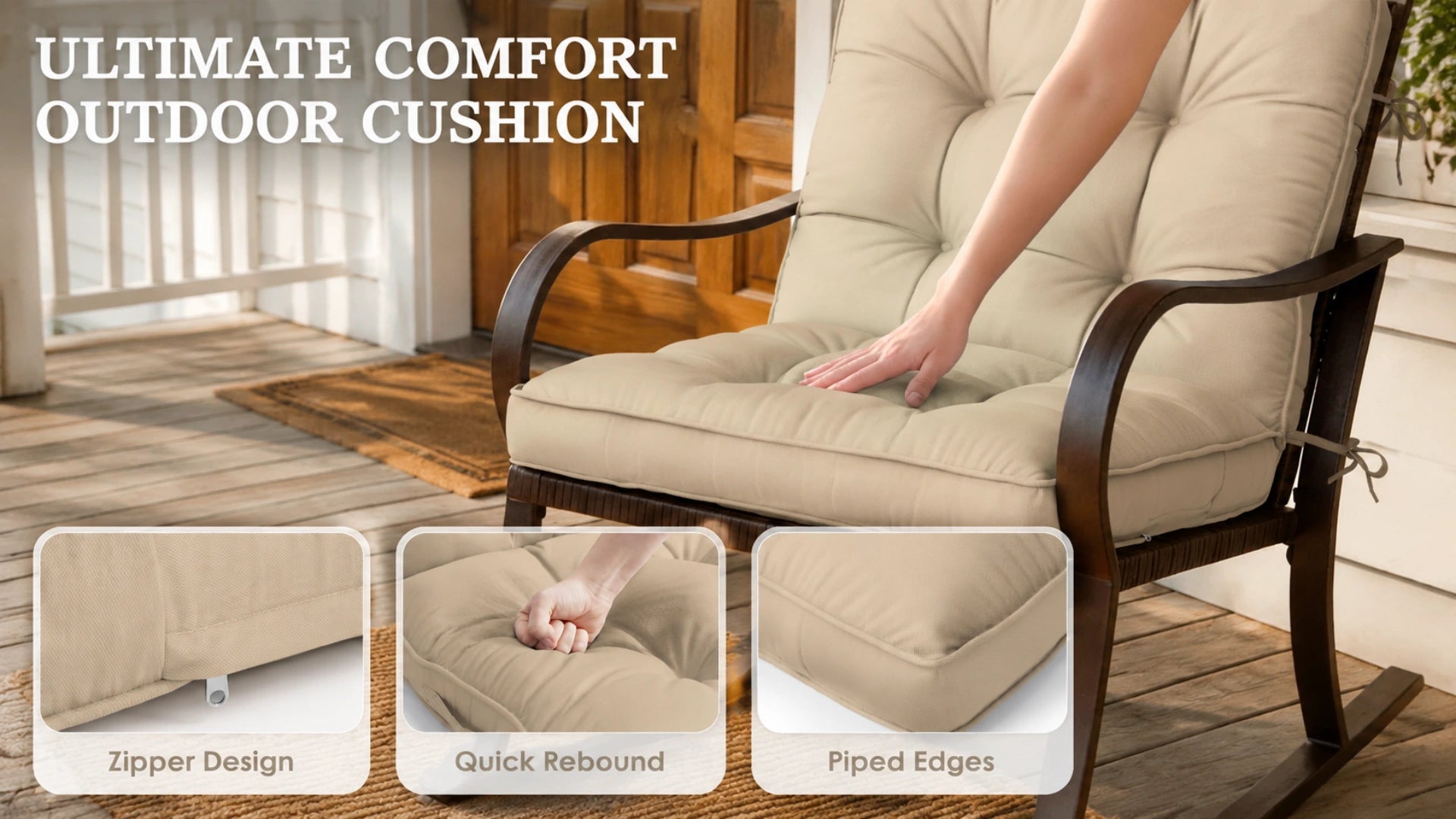 Outdoor chair cushion featuring zipper design, quick rebound filling, and piped edge details for comfortable patio seating.