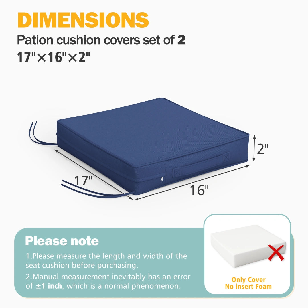 Outdoor chair cushion covers set of 2, 17x16x2 inch replacement outdoor cushion covers for patio furniture, waterproof patio cushion covers with zipper closure and adjustable ties, foam not included.