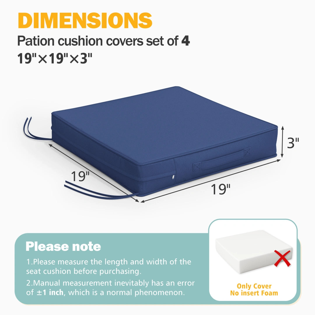 Outdoor chair cushion covers set of 4, 19x19x3 inch replacement outdoor cushion covers for patio furniture, waterproof patio cushion covers with zipper closure and adjustable ties, foam not included.