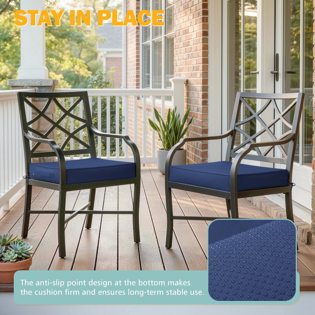 Outdoor chair cushion covers with stay-in-place anti-slip bottom design on patio furniture chairs. Durable outdoor seat cushion covers help prevent sliding and provide stable support for outdoor furniture.