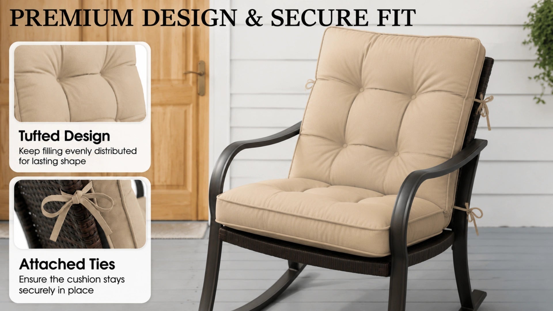Outdoor chair cushion showing tufted design and attached ties to keep the cushion securely fitted on patio furniture.