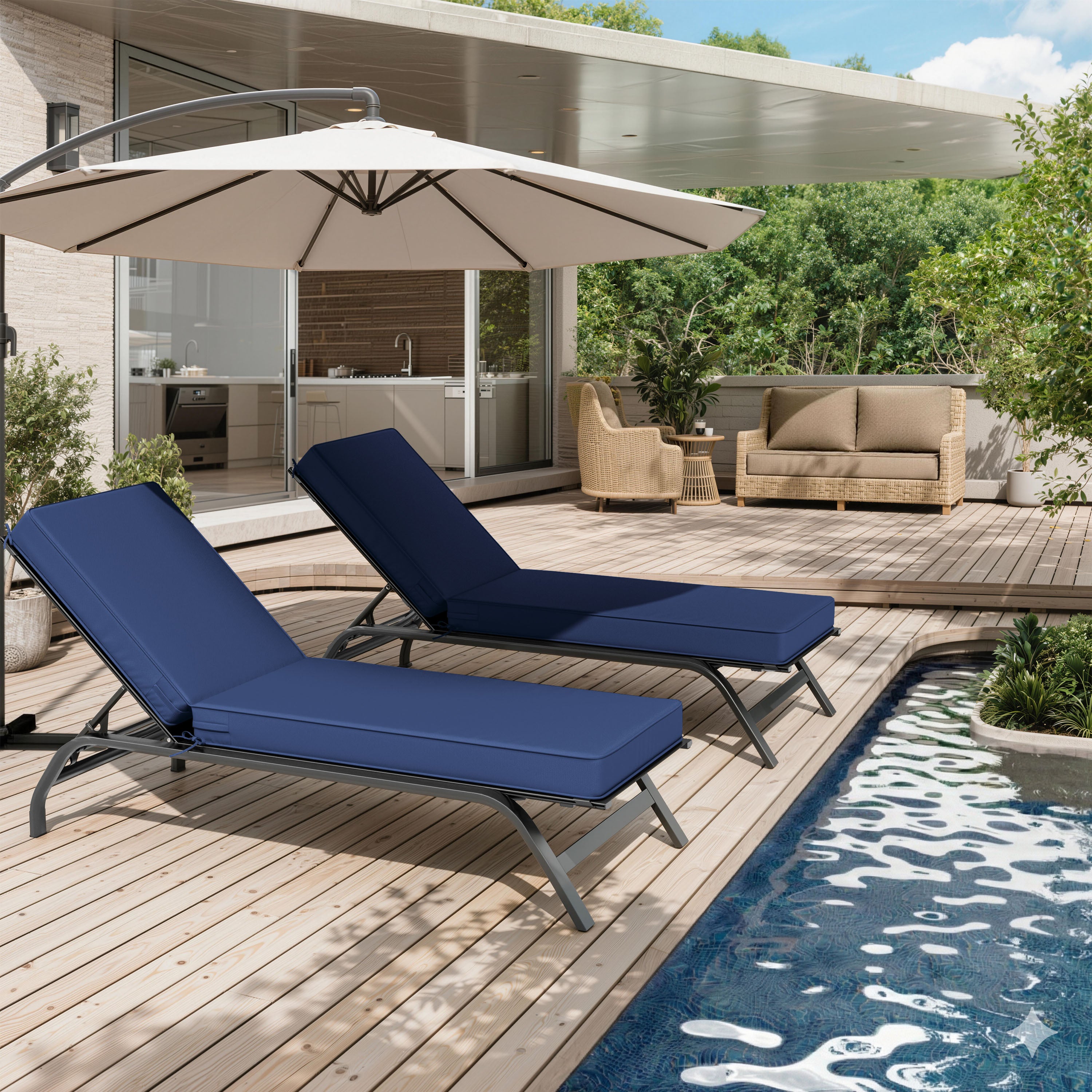 Navy blue outdoor chaise lounge cushion cover on adjustable poolside sun loungers