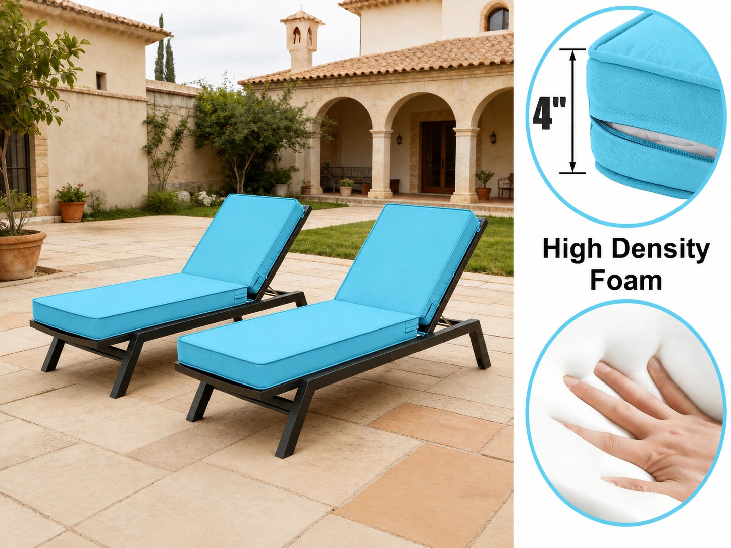 Outdoor chaise lounge cushion with 4 inch high density foam for patio chaise lounge chairs and outdoor furniture.