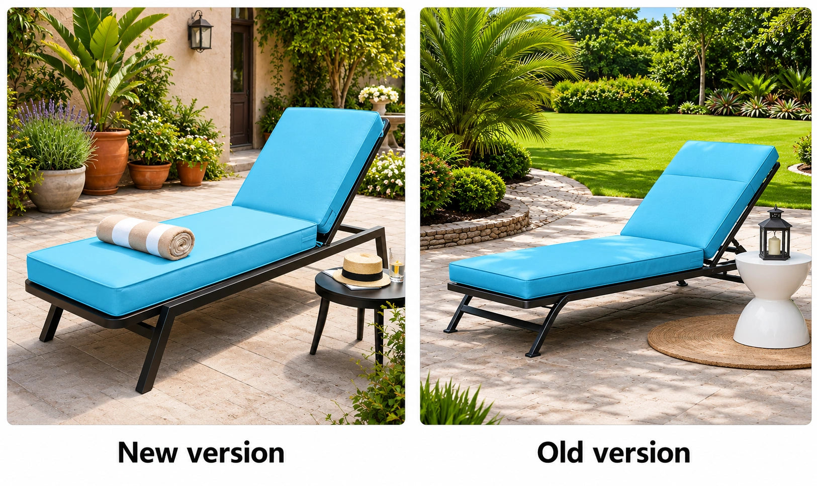 Outdoor chaise lounge cushion new version compared with old version for patio, backyard, and outdoor chaise lounge chairs.