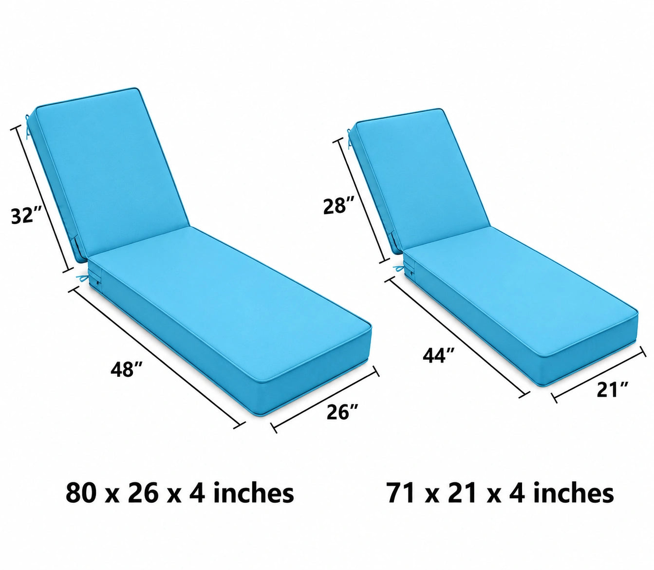 Outdoor chaise lounge cushion available in 80 x 26 x 4 inches and 71 x 21 x 4 inches for chaise lounge chairs outdoor.