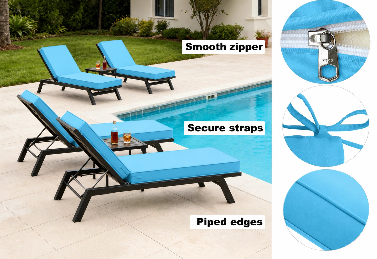 Outdoor chaise lounge cushion with smooth zipper, secure straps, and piped edges for patio, poolside, and backyard lounge chairs.
