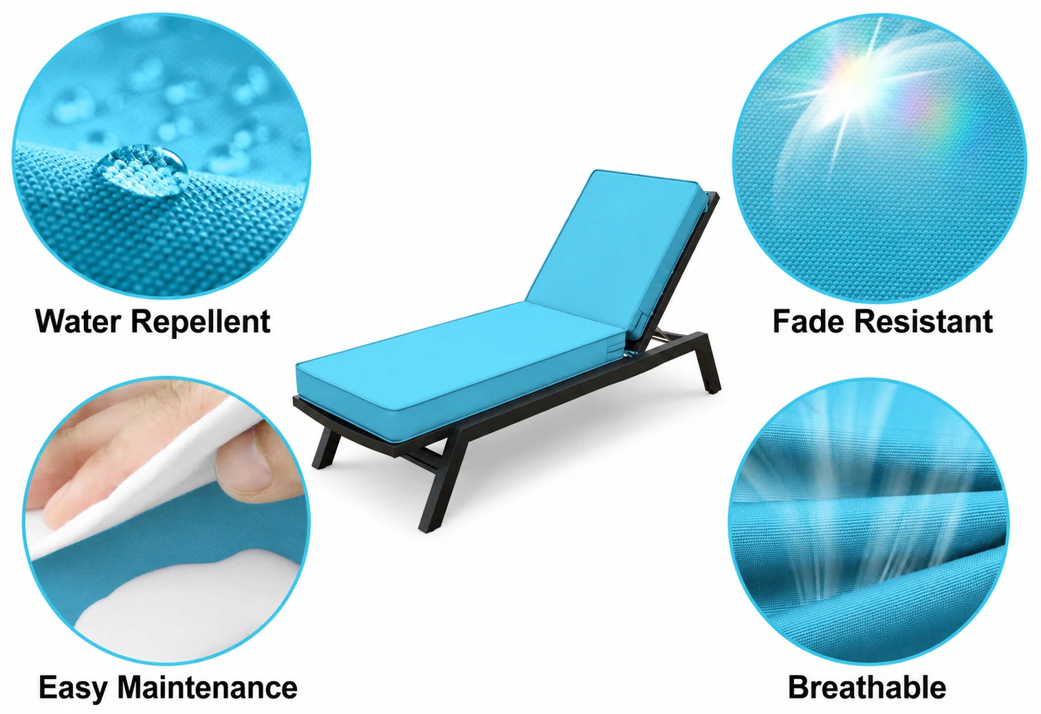 Outdoor chaise lounge cushion with water repellent, fade resistant, breathable fabric and easy maintenance design for patio and backyard lounge chairs.