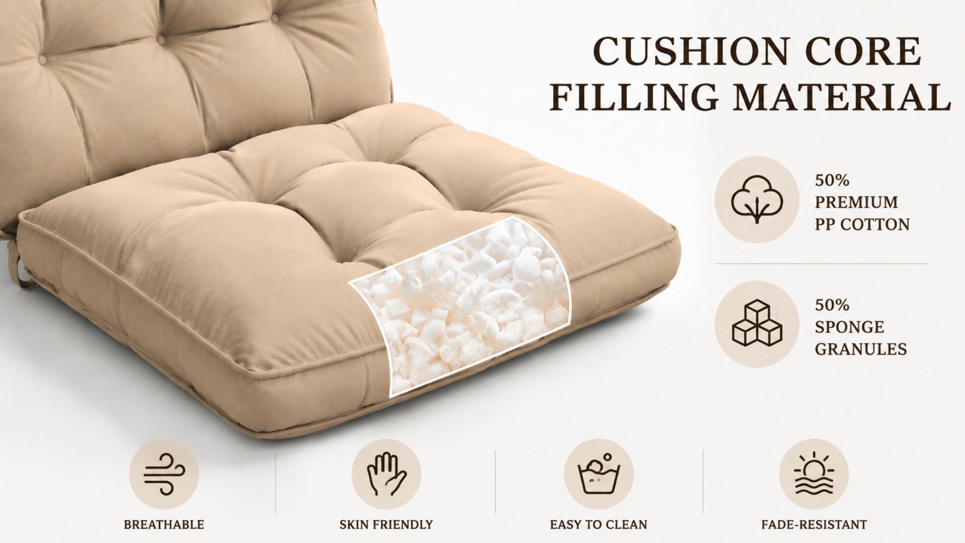 Outdoor patio cushion showing premium PP cotton and sponge filling material with breathable, skin-friendly, easy-to-clean, and fade-resistant features.