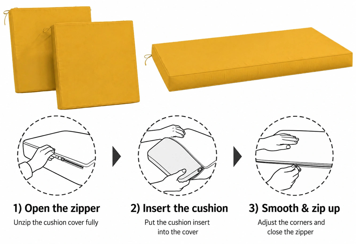 Three-step installation guide for yellow outdoor cushion covers, showing how to open the zipper, insert the cushion insert, and smooth the cover before zipping it closed.