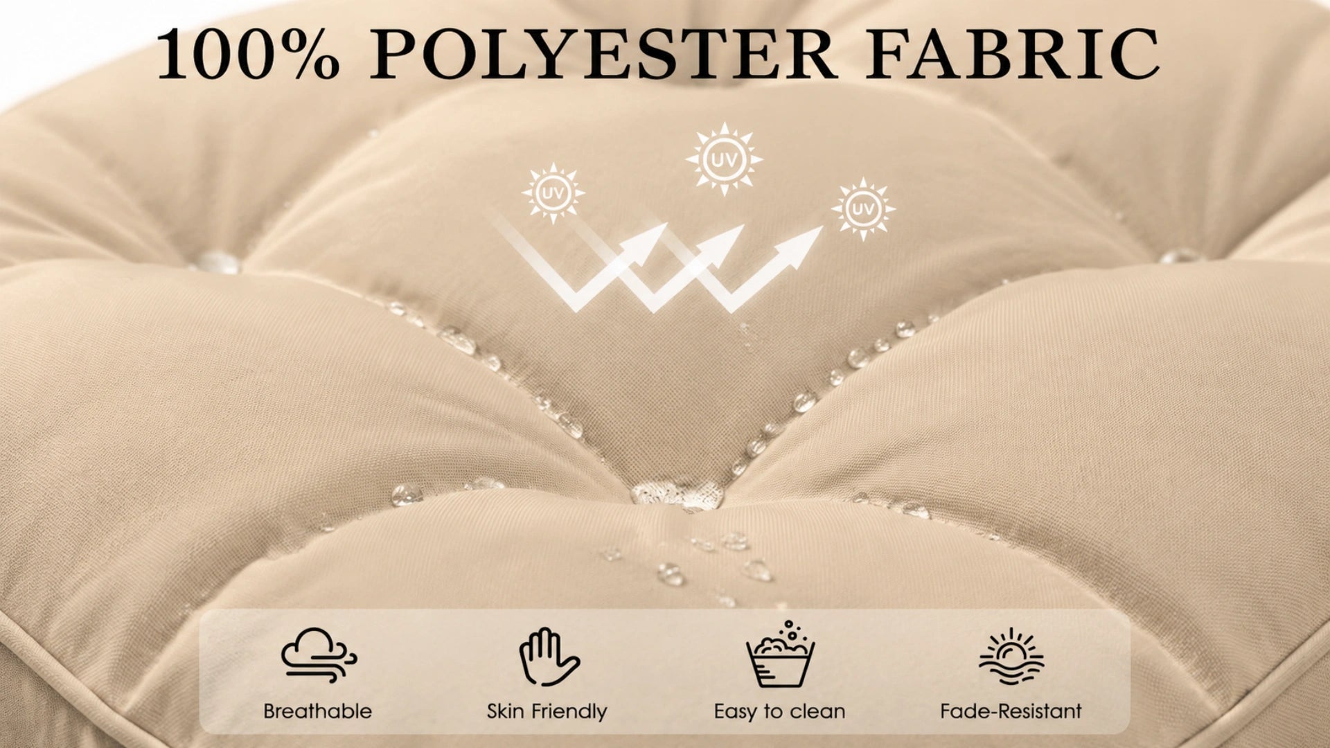 Outdoor cushion close-up showing polyester fabric surface with water-resistant properties, breathable design, easy cleaning, and fade-resistant features.