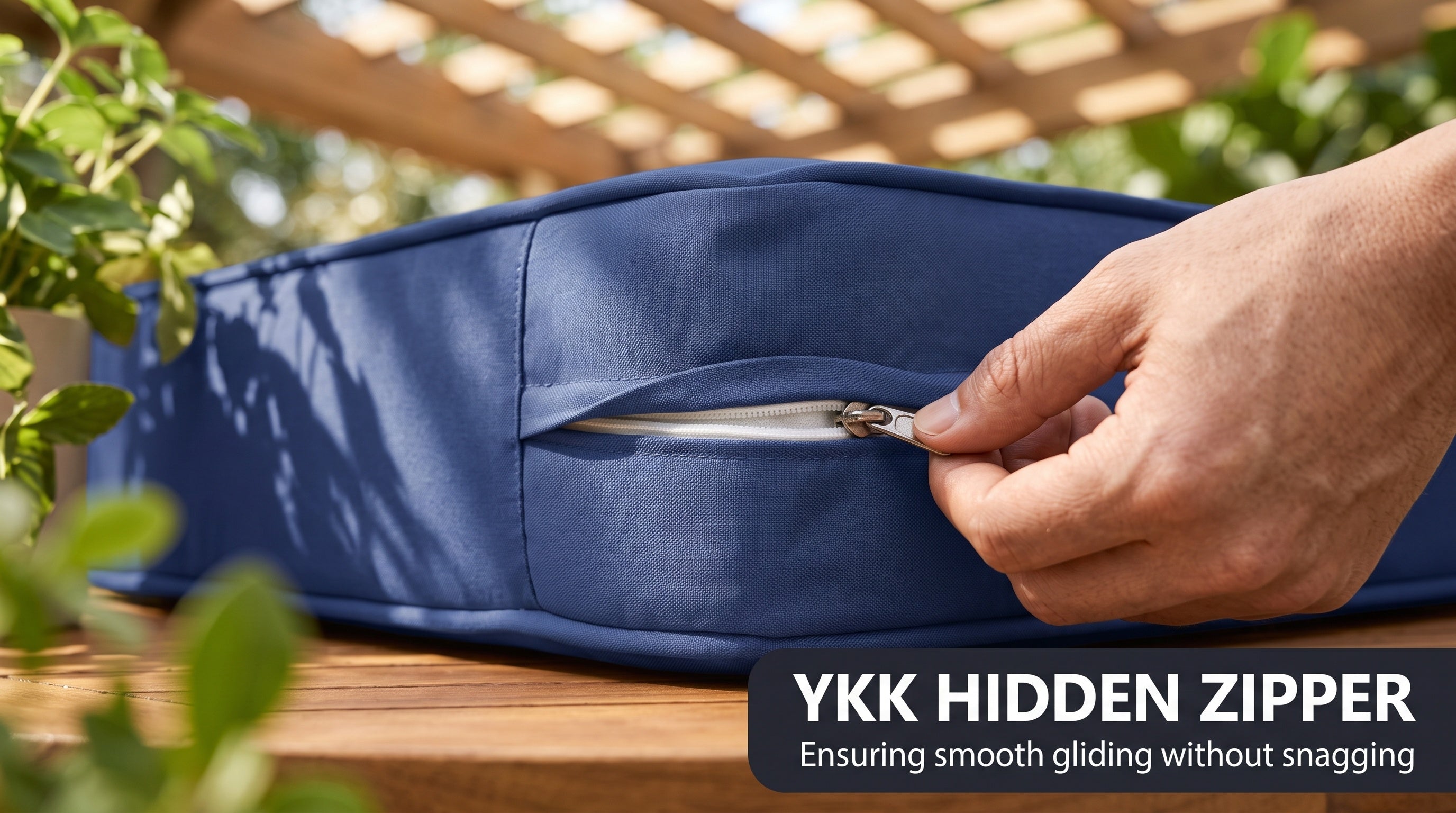 Outdoor cushions with YKK hidden zipper design for easy cleaning and a seamless finish on patio furniture