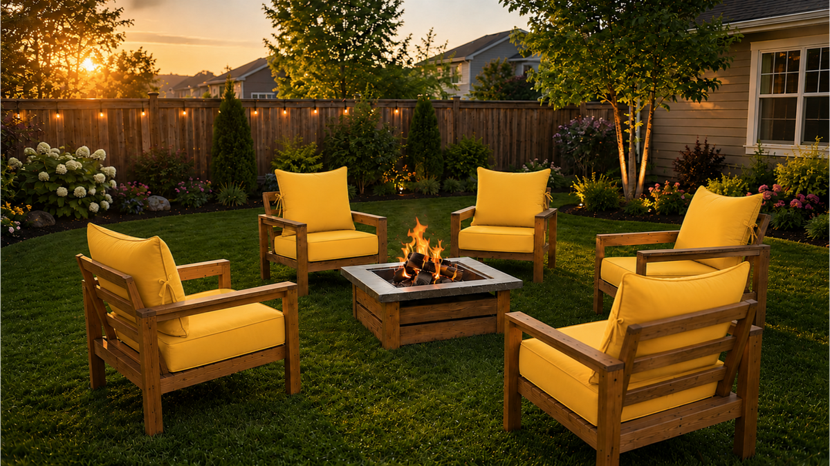 Yellow outdoor deep seat cushions on wooden patio chairs arranged around a backyard fire pit.