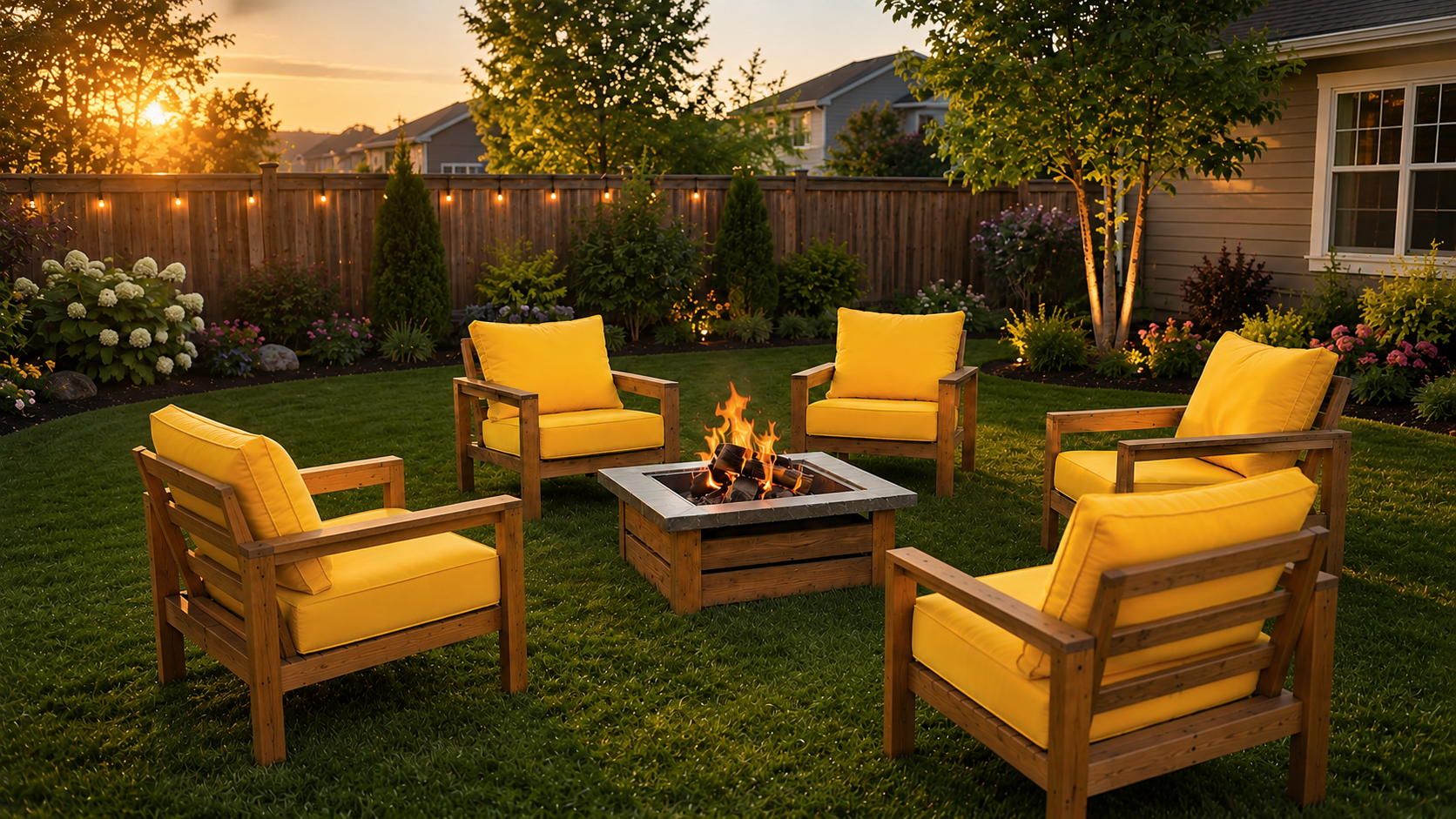 Wooden outdoor lounge chairs with bright yellow cushions arranged around a square fire pit in a backyard garden.