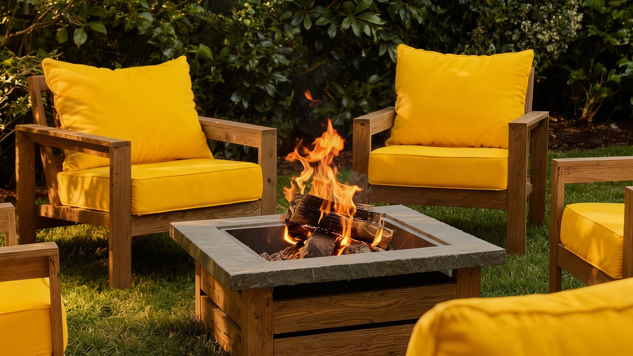 Wooden outdoor chairs with bright yellow cushions arranged around a square fire pit in a garden seating area.