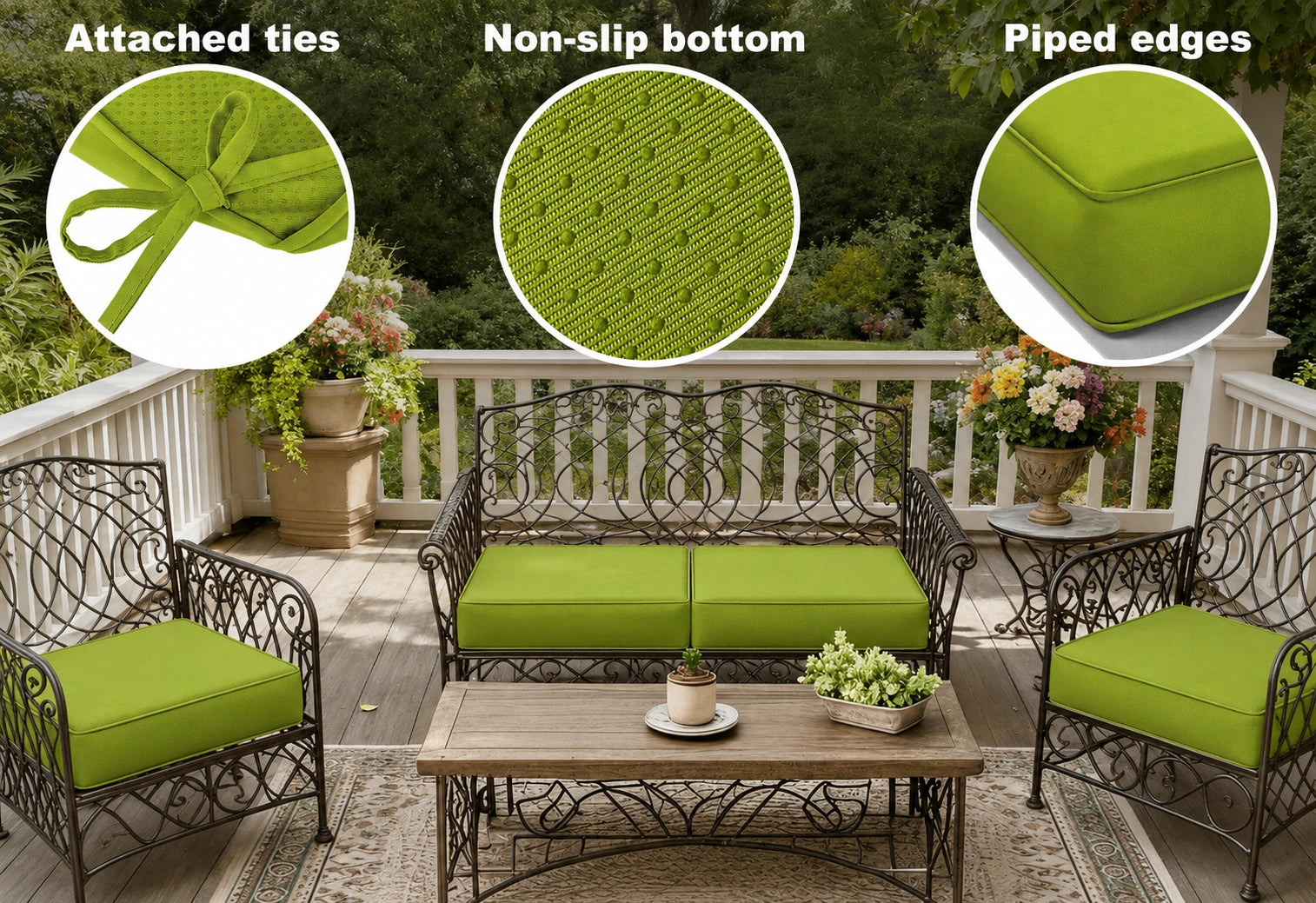 outdoor cushion cover replacement with attached ties, non-slip bottom and piped edges for patio furniture cushions
