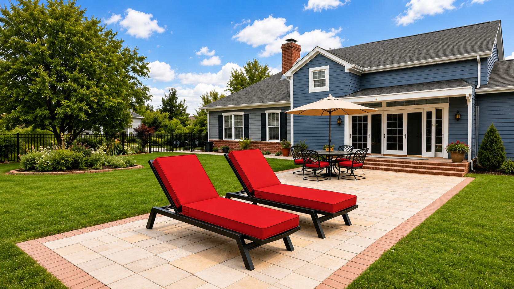 Two outdoor chaise lounge chairs with bright red cushions and black frames on a backyard patio.