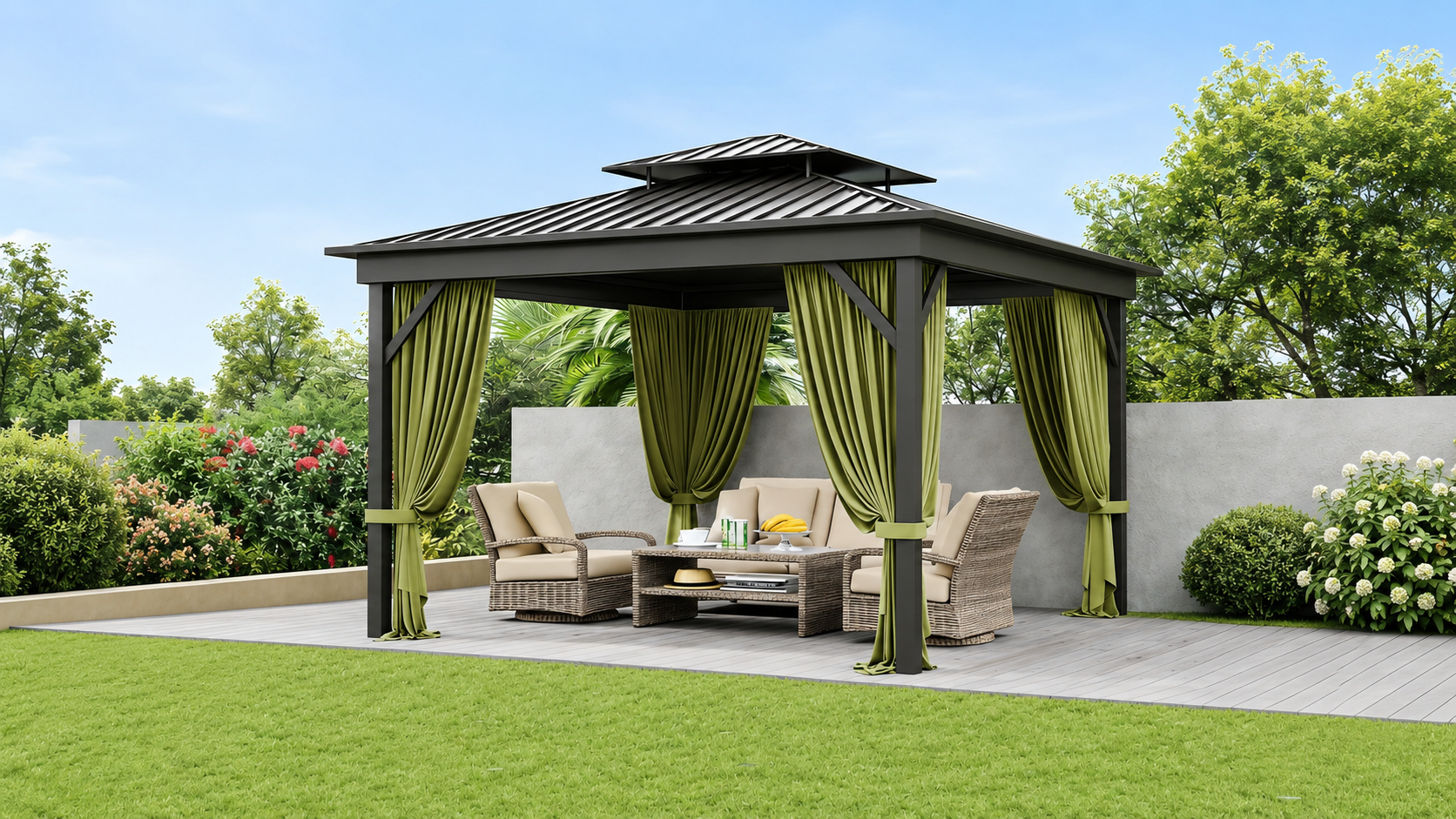 Outdoor patio curtains on a gazebo in a backyard seating area
