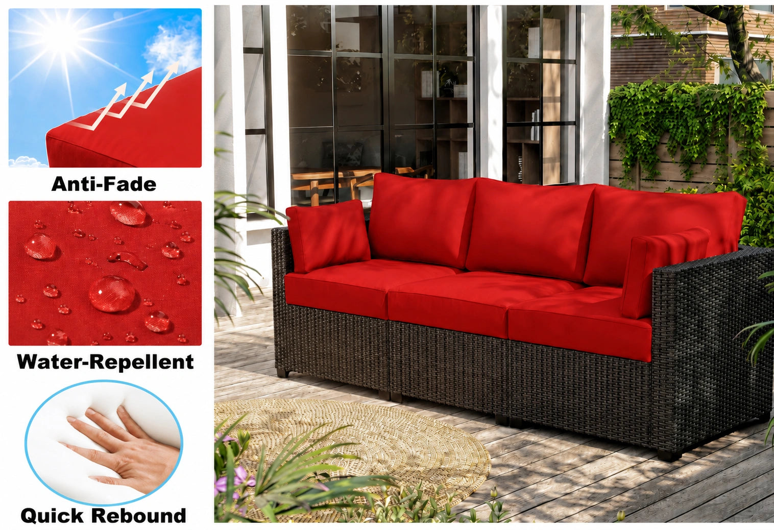 Outdoor sectional patio cushions in red with anti-fade and water repellent fabric for wicker patio sofa, backyard, deck, and outdoor furniture.