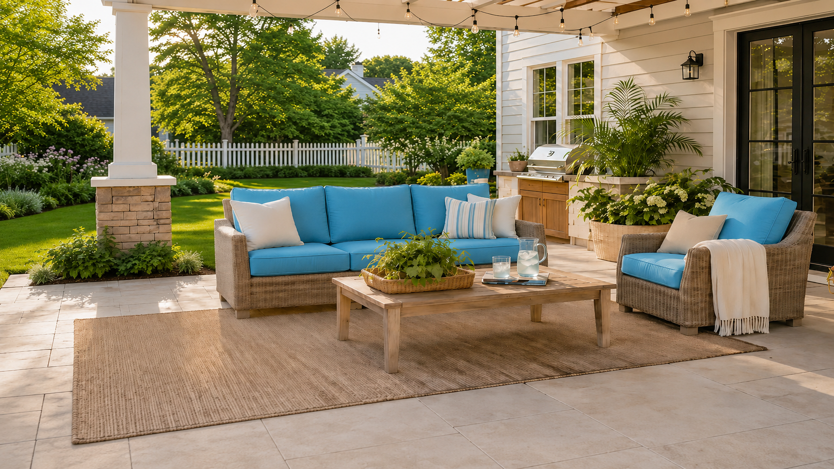 
Outdoor swivel patio chairs with cushions and a small side table on a backyard patio