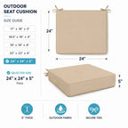 Outdoor seat cushion size chart showing 5 available sizes and thickness options for patio chairs.