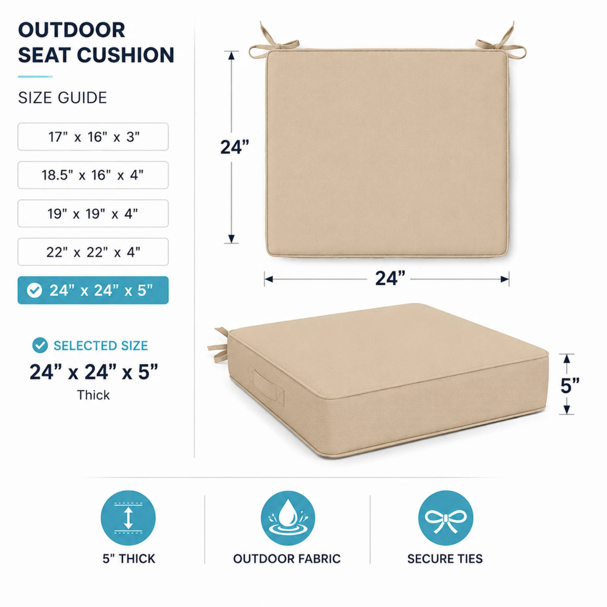 Outdoor seat cushion size chart showing 5 available sizes and thickness options for patio chairs.