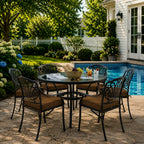 outdoor seat cushions in coffee brown on black metal patio chairs, styled in a sunny backyard garden with a small round outdoor table