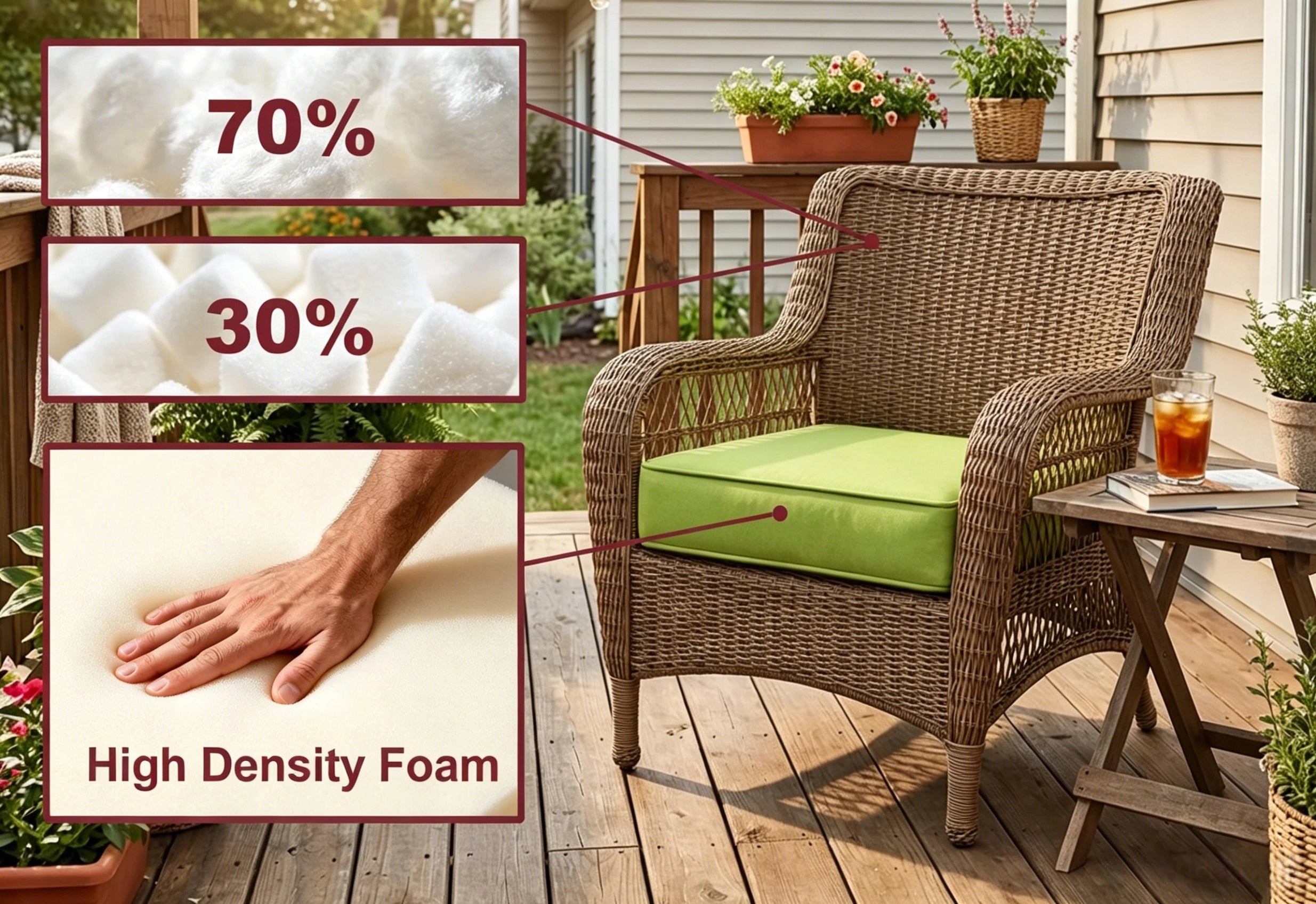 outdoor seat cushions with High Density Foam, showing 70% firm support and 30% soft comfort on a green cushion for a wicker patio chair