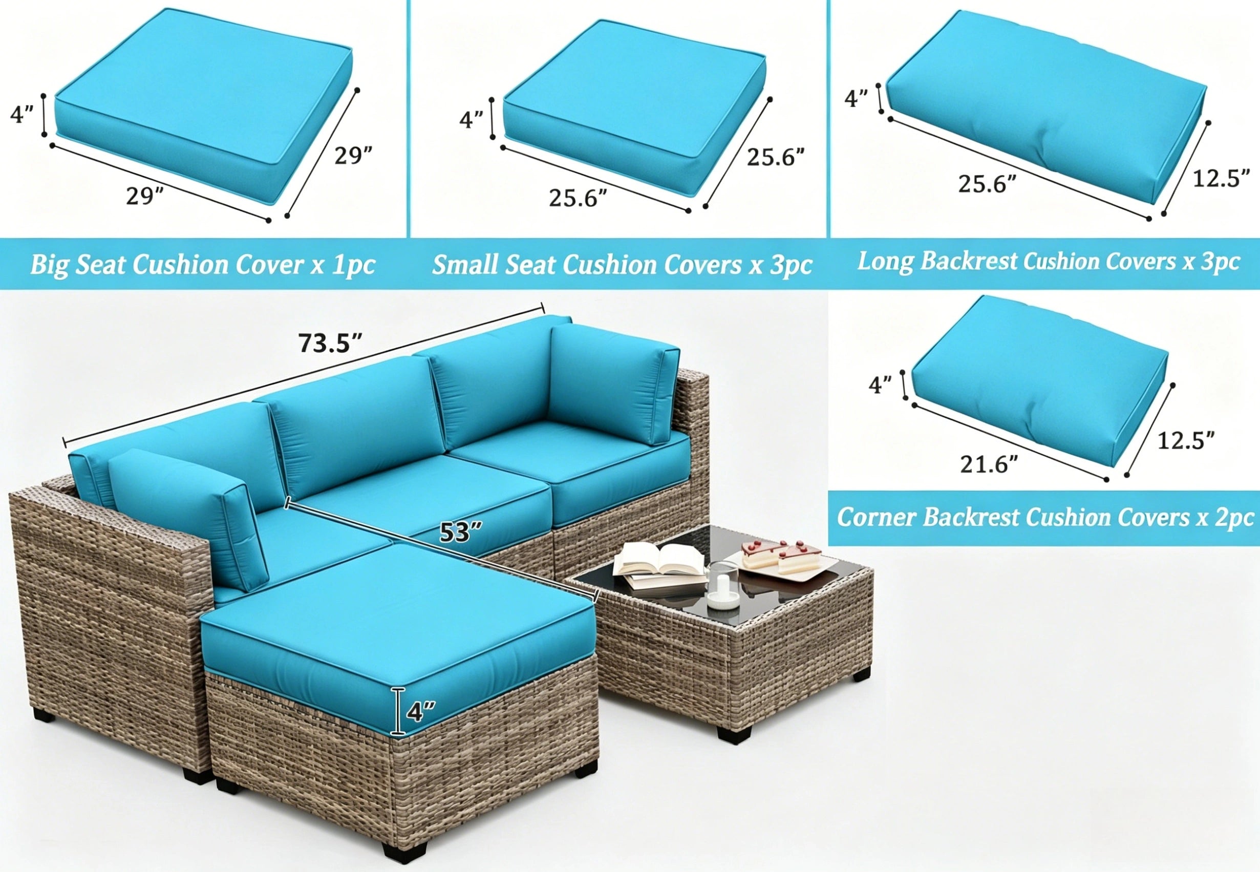 outdoor sectional cushion covers in lake blue, showing big seat cushion cover, small seat cushion covers, long backrest cushion covers, and corner backrest cushion covers with size details for patio wicker sofa
