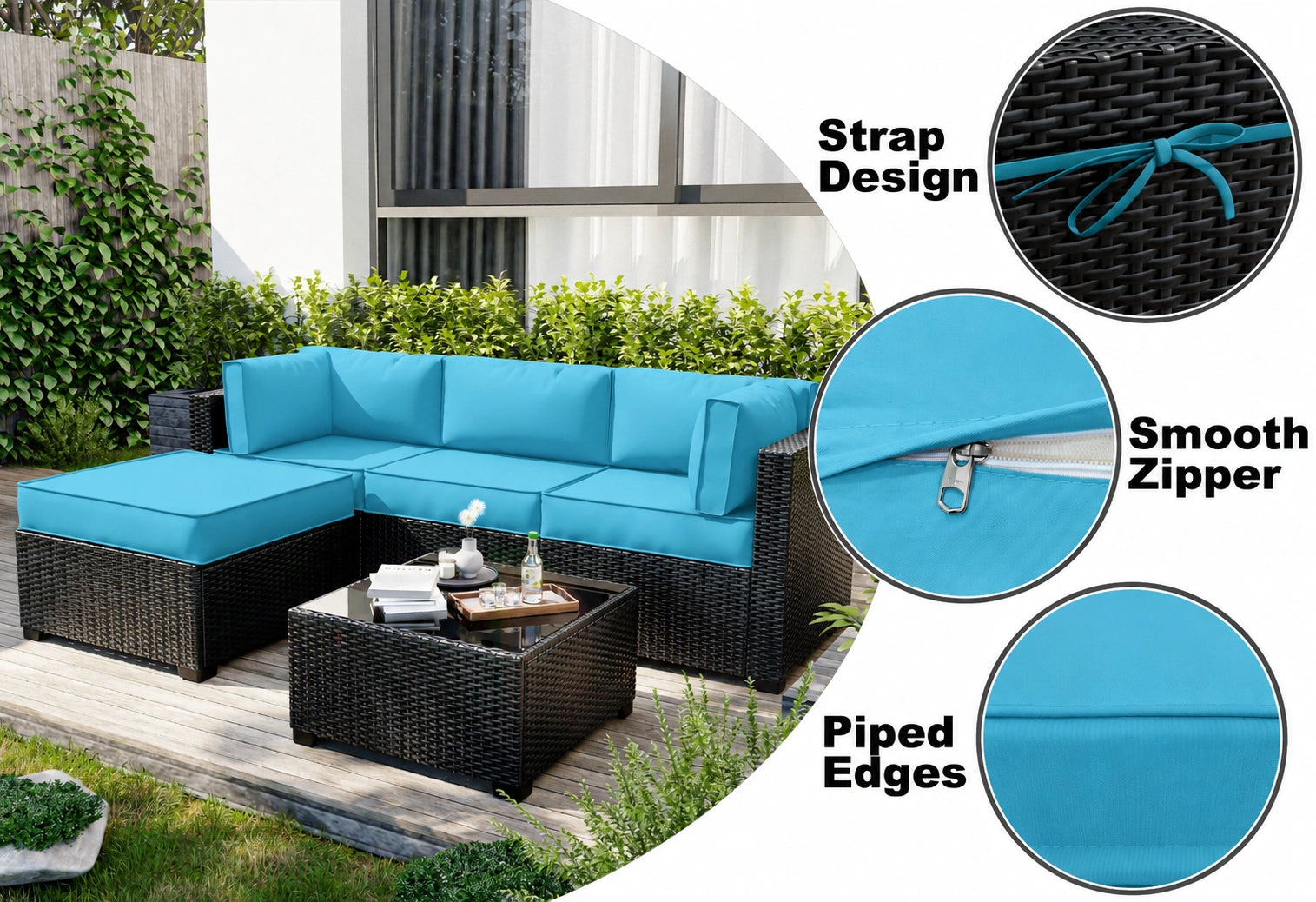 outdoor sectional cushion covers in lake blue on patio wicker furniture, showing strap design, smooth zipper, and piped edges for outdoor sofa use