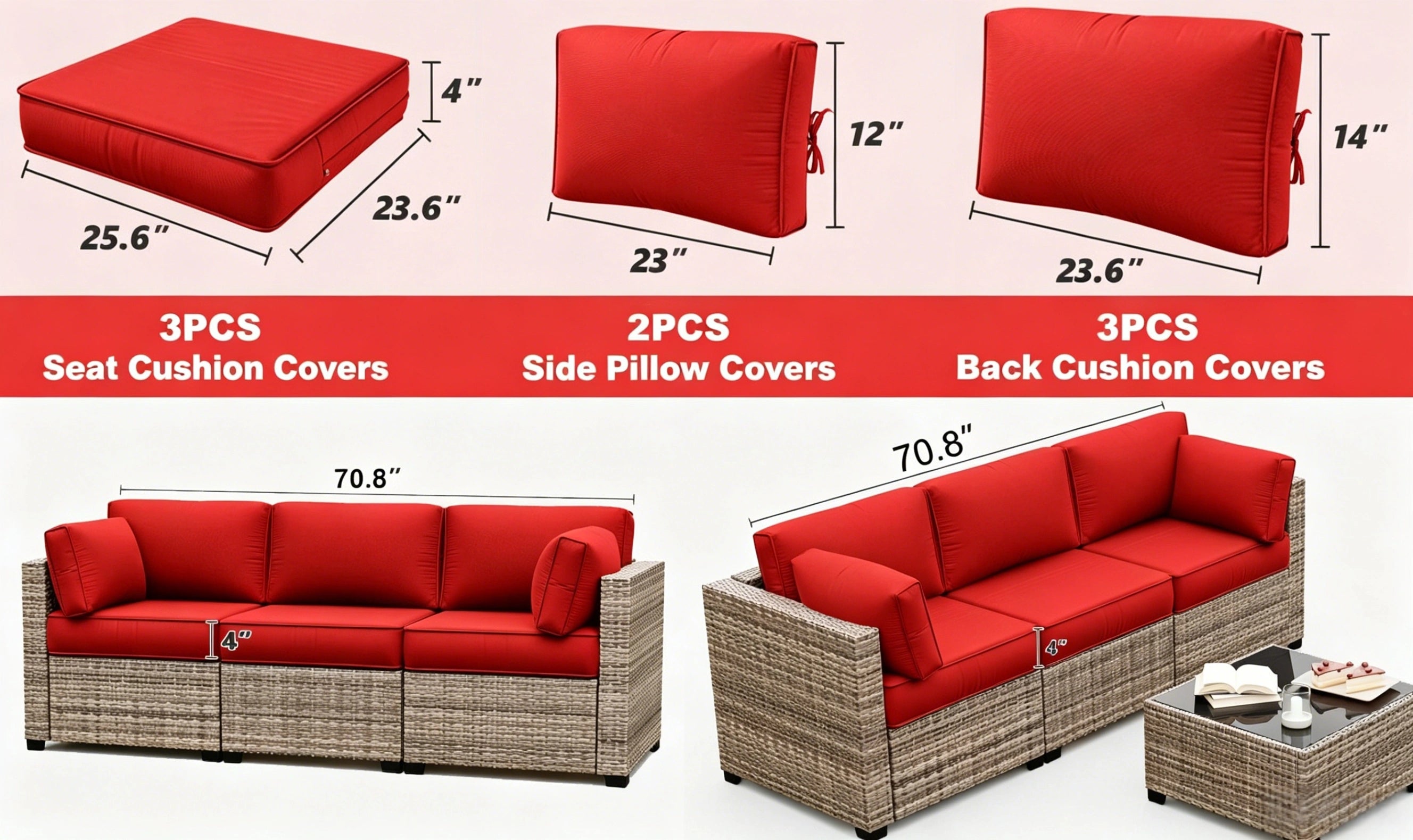 outdoor sectional cushion covers in red, showing 3 seat cushion covers, 2 side pillow covers, and 3 back cushion covers with size details for patio wicker sofa
