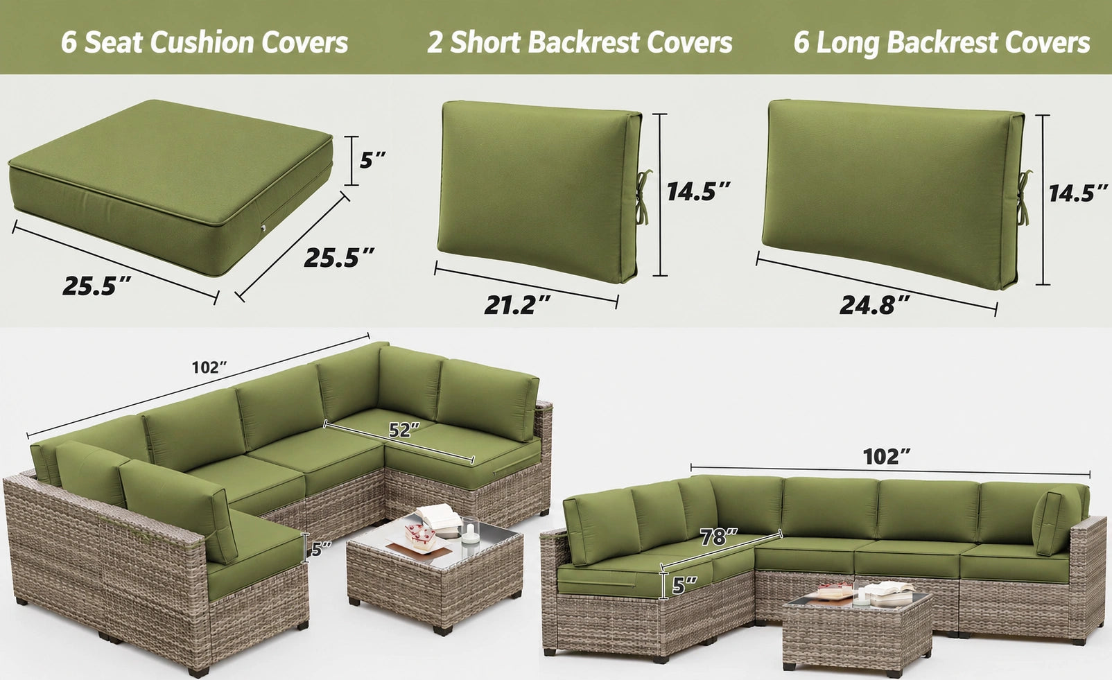 outdoor sectional cushion set in green, showing 6 seat cushions, 2 short backrest pillows, and 6 long backrest pillows with size details for patio wicker furniture