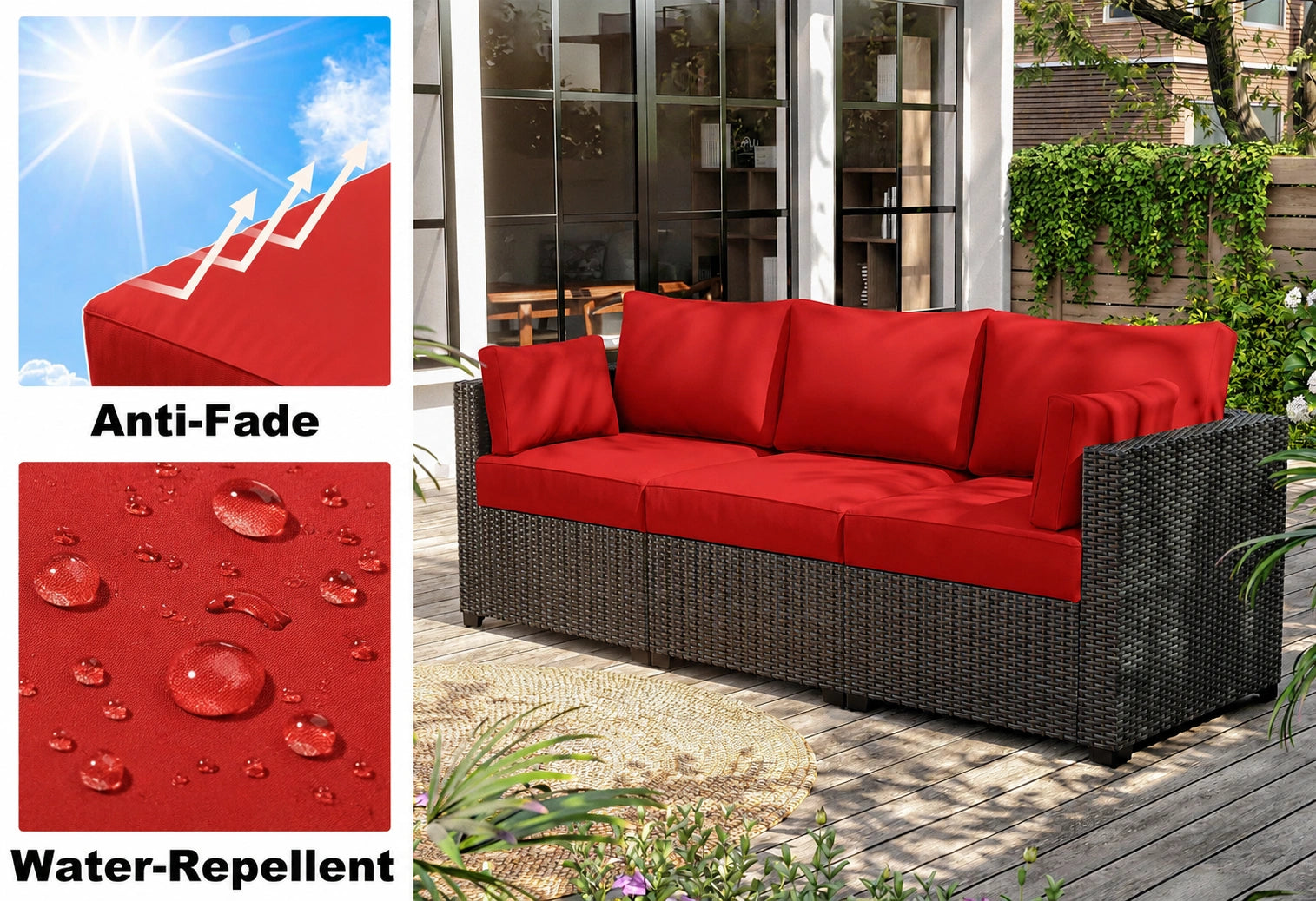 Outdoor sectional patio cushions in red with anti-fade and water repellent fabric for wicker patio sofa, backyard, deck, and outdoor furniture.