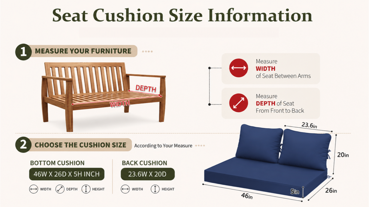 Outdoor sofa cushion size guide showing how to measure patio furniture width, depth, and height for the correct seat and back cushion fit