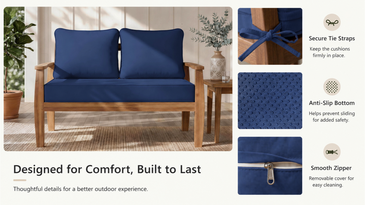 Blue outdoor sofa cushion with secure tie straps, anti-slip bottom, and removable zipper cover designed for comfortable patio furniture seating